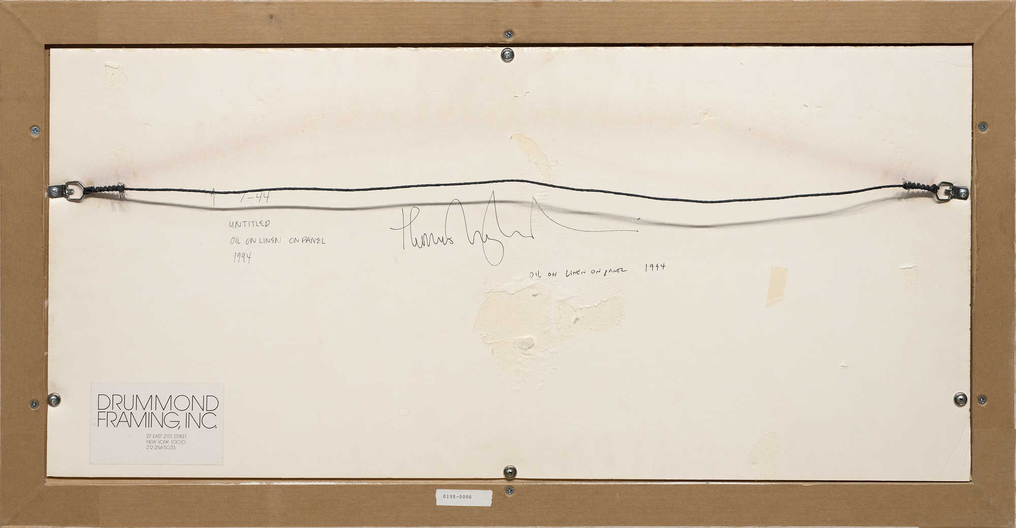 Born in 1944, Thomas Nozkowski created small, richly hued paintings that reflect the dichotomous influences of the Abstract Expressionists and Bauhaus refugees with whom he studied at the Cooper Union. Using a small brush, his handling includes scraping and rubbing off paint in ways that register in the finished work. He developed a distinctive, wide-ranging vocabulary deploying biomorphic-like geometric forms in varied color schemes and a wide range of associations: tile flooring, to cell clusters, to architecture and outer space. Often, they are distilled from his own memories and experiences. Nozkowski commented on this specific painting (Untitled, 1994) saying that it reflects his fascination with the mythological scenes painted upon Renaissance cassone dowery chest panels. He pronounced it the best one of three or four 15” x 30” panels of this series. Nozkowski was handled for many years by Pace Gallery. He died in 2019.