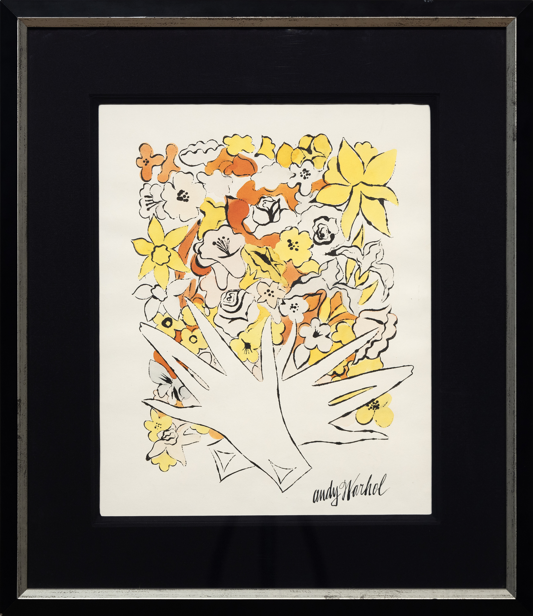 沃霍尔的水墨画和染色画常常被忽视，他善于用简练的线条将主题和元素还原为本质，每幅作品都充满了奇妙的趣味性。这些作品经常提醒我们，如果艺术不复杂、自由，就能最有效地传播幽默和奇思妙想。无题，花朵》是沃霍尔 1960 年著名的《Vogue》版面设计的先驱，将荧光色的花朵图画结合在一起。这幅画预示了沃霍尔早期将线条与色彩分离的倾向，这一手法后来赋予了他的丝网版画抽象的直接性。
