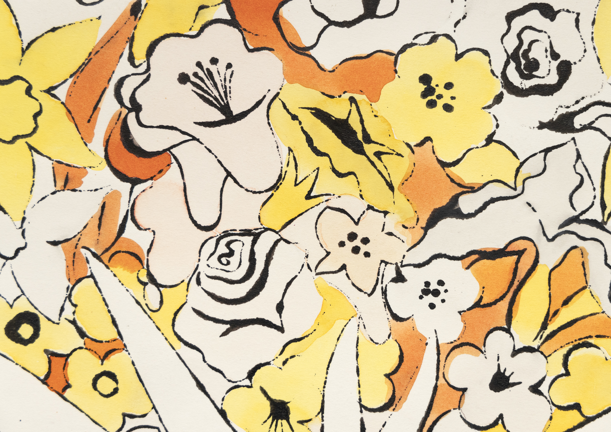 רישומי הדיו וצבע הצבע של וורהול מציגים את כישרון צמצום המוטיבים והאלמנטים לטבעם המהותי תוך שימוש בכלכלה של קווים ושובבות נפלאה המאפיינת כל אחד מהם. לעתים קרובות הם מזכירים לנו שאמנות יכולה להיות הספקית יעילה ביותר של הומור וגחמנות אם אינה מסובכת וזורמת בחופשיות. ללא כותרת, פרחים הוא הקדמה של הפריסה המפורסמת שלו בווג 1960, המשלבת ציורים של פרחים בצבעי ניאון. הוא צופה את נטייתו המוקדמת של וורהול להפריד בין קו לצבע, מכשיר שמאוחר יותר יעניק לדימויי מסך המשי שלו את המיידיות המופשטת שלהם.