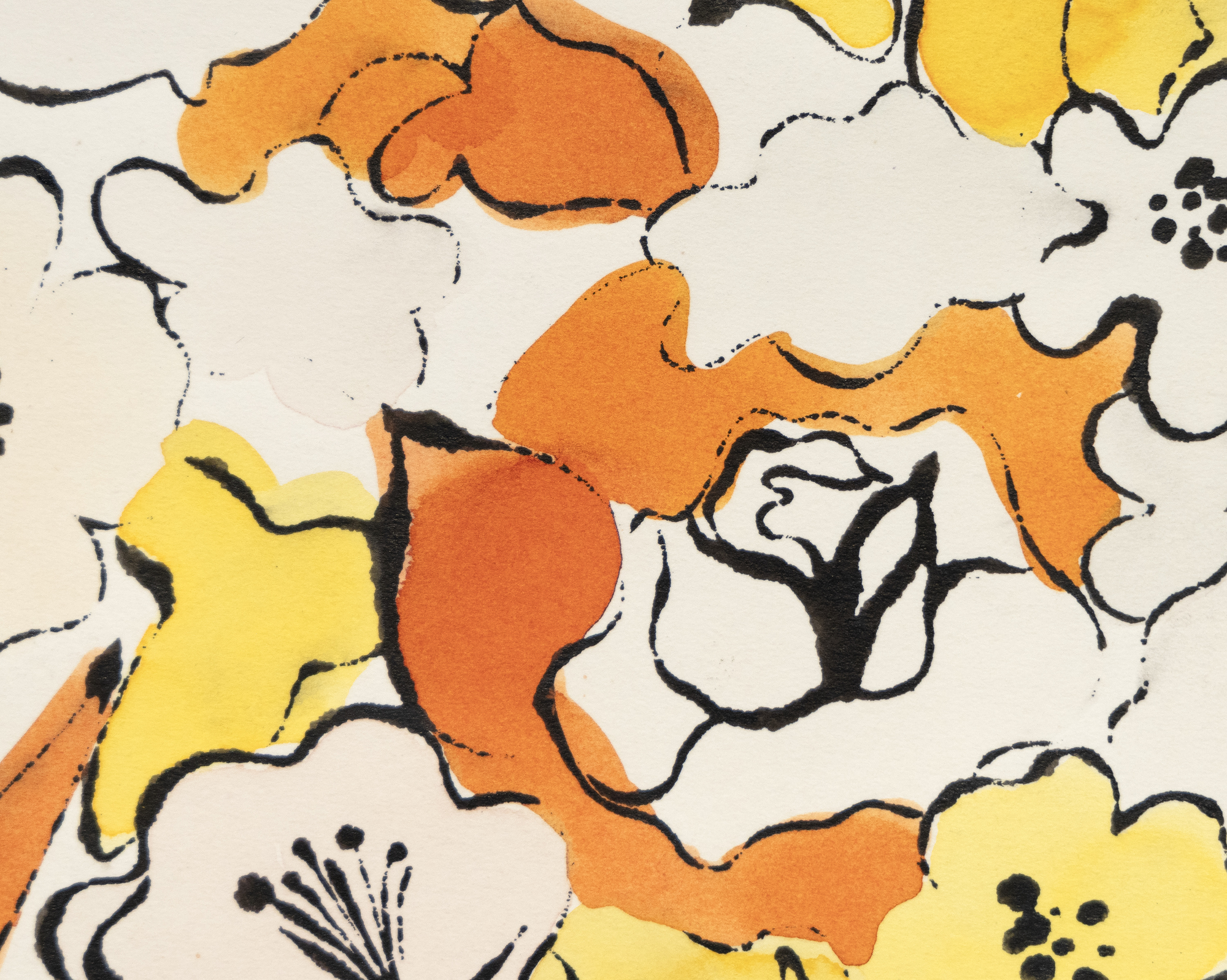 רישומי הדיו וצבע הצבע של וורהול מציגים את כישרון צמצום המוטיבים והאלמנטים לטבעם המהותי תוך שימוש בכלכלה של קווים ושובבות נפלאה המאפיינת כל אחד מהם. לעתים קרובות הם מזכירים לנו שאמנות יכולה להיות הספקית יעילה ביותר של הומור וגחמנות אם אינה מסובכת וזורמת בחופשיות. ללא כותרת, פרחים הוא הקדמה של הפריסה המפורסמת שלו בווג 1960, המשלבת ציורים של פרחים בצבעי ניאון. הוא צופה את נטייתו המוקדמת של וורהול להפריד בין קו לצבע, מכשיר שמאוחר יותר יעניק לדימויי מסך המשי שלו את המיידיות המופשטת שלהם.