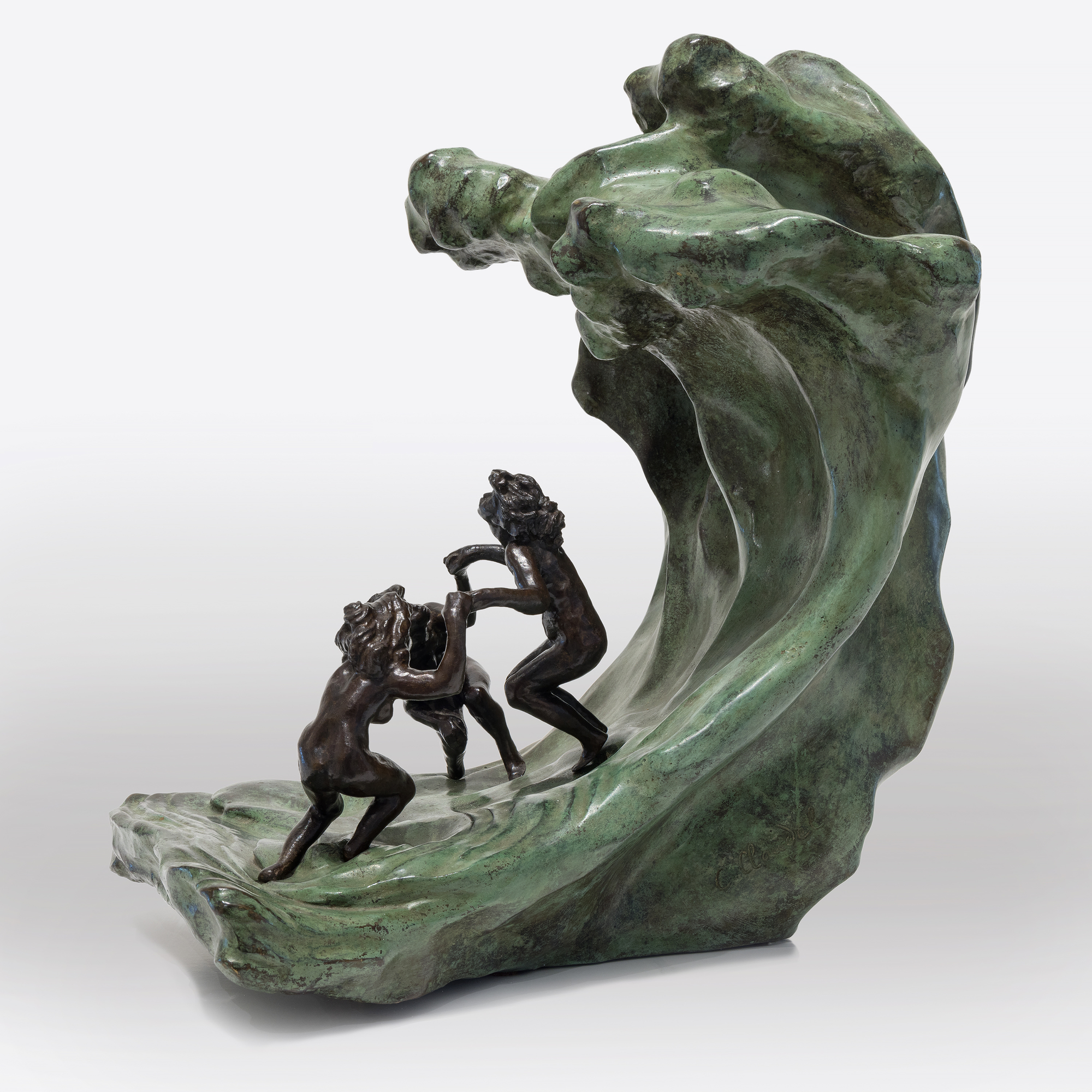 <div><font face=Calibri size=3 color=black>Camille Claudel's life story reflects an era when societal constraints often dimmed the brilliance of women; their genius was viewed as a threat to the male-dominated world. Most introductions to Claudel are steeped in misleading biographical details related to her as Rodin's assistant, mistress, or lover, associations that diminish her achievements as a first-rate sculptor whose work borrows little from Rodin in style or subject matter. Despite these challenges, Claudel's legacy has endured, celebrated through exhibitions, biographies, and films since her rediscovery in 1982. </font></div>
<br>
<br><div> </div>
<br>
<br><div><font face=Calibri size=3 color=black><em>“La Vague (The Wave),”</em> a remarkable sculpture of three women frolicking joyfully, embodies Claudel's passion for art and connection to nature. The women, their hair unruly like the sea, are depicted in a moment of freedom and abandon, yet the looming wave hints at the inevitable sorrow to come—a metaphor for Claudel's life, shadowed by fate. This piece, initially shown in plaster and later cast in bronze with an onyx marble wave, draws direct inspiration from Hokusai's <em>“The Great Wave,”</em> reflecting the Parisian fascination with Japanese art at the time. While <em>“La Vague”</em> showcases Claudel's technical mastery and the influence of Japanese aesthetics, it also poignantly symbolizes her acceptance of the overpowering forces of nature and the tragic course her life would ultimately take. This bronze, cast in 1997, is one of only two not held in a museum, further emphasizing the rarity of and reverence for Claudel's work.</font></div>