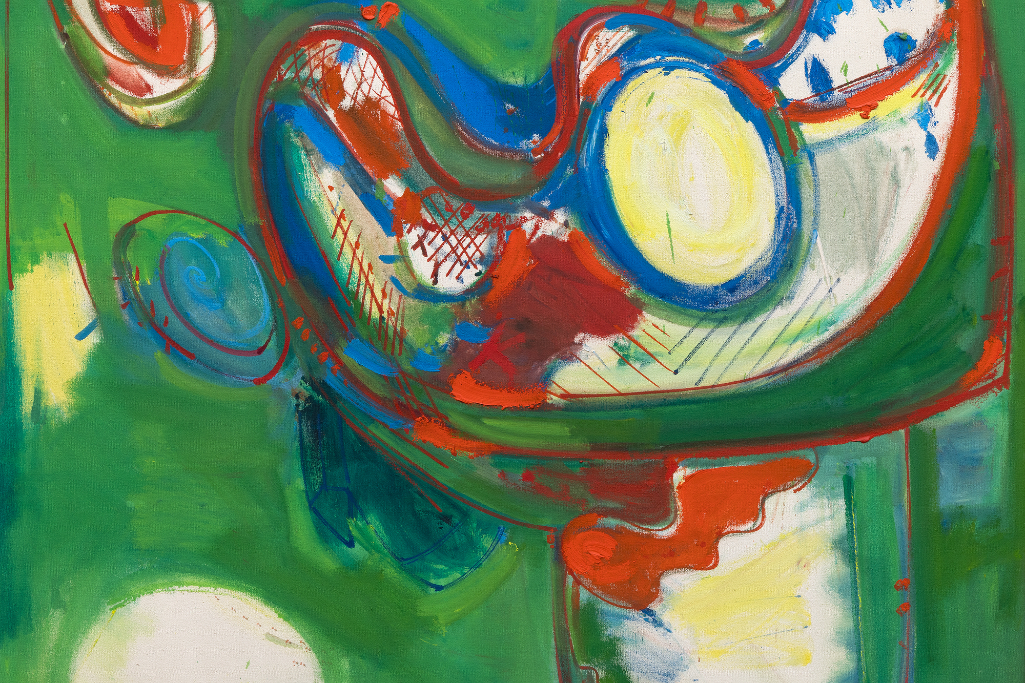 <div><font face=Lato size=3 color=black>Hans Hofmann's <em>Baal</em> channels the charged energy of its evocative title, rooted in ancient Semitic tradition. The name refers to a lord or master but also carries associations with primal forces of nature, chaos, and creation. Hofmann's work reflects this duality, blending structured design with the untamed vitality of gestural abstraction to create a composition oscillating between entropy and order.</font></div>
<br>
<br><div> </div>
<br>
<br><div><font face=Lato size=3 color=black>Painted at age 65, <em>Baal</em> also showcases Hofmann's willingness to revisit earlier disciplines while addressing the challenges of mid-century abstraction. Its vibrant palette and bold use of complementary colors, particularly the juxtaposition of red and green, heightens the painting's dynamism. His muscular brushwork also reflects his lifelong experimentation with the tension between form and freedom; undulating lines and biomorphic forms evoke the surrealist influence of Miró and the spiritual resonance of Kandinsky's gestural abstractions. Like these predecessors, Hofmann sought to translate "inner necessity" into visual expression, guided by his fertile imagination. Yet the planal elements and curvilinear shapes of <em>Baal</em> also reflect the influence of improvisational painting, a hallmark of Abstract Expressionism as practiced by contemporaries like Arshile Gorky, among others. It is a composition that teems with movement and energy, suggesting a cosmos in flux—chaotic yet deliberate.</font></div>
<br>
<br><div> </div>
<br>
<br><div><font face=Lato size=3 color=black>Exhibited the same year at Betty Parsons Gallery in New York, <em>Baal</em> signals Hofmann's evolution as a master and innovator. With its vivid dynamism and symbolic title, the painting epitomizes Hofmann's ability to infuse abstraction with elemental power, crafting a deeply personal exploration of form and color.</font></div>