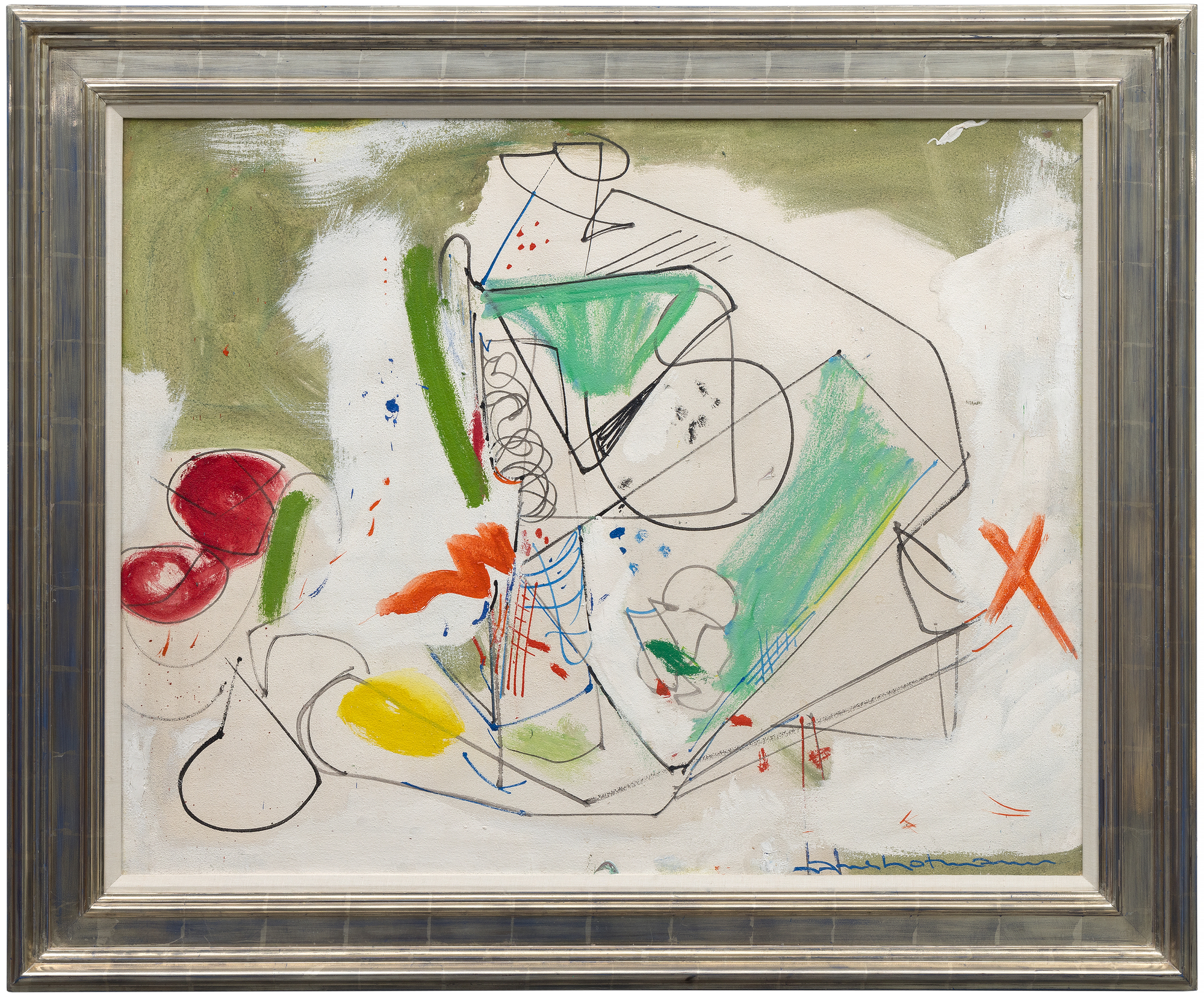 <div><font face=Lato size=3 color=black>Hans Hofmann explored linearity and color with persistence during the late 1940s, creating a tension between Cubist structure and gestural abstraction. In this painting, <em>Fruit Bowl #1</em>, the linear impulse takes center stage, with dynamic black contours weaving and unspooling across the canvas, limning forms that merely hint at a still-life composition. Hofmann's approach is far from conventional; the traditional fruit bowl is fractured and reimagined into an abstract interplay of geometric and organic shapes. The addition of bright, flatly applied patches and demarcation of green, red, and yellow punctuates the composition, adding an energetic entropy and vitality. Hofmann's raw, alluring, yet slightly uncomfortable palette and gestural freedom elevate the piece beyond its Cubist origins, revealing an artist deeply engaged with the challenges of mid-20th-century abstraction. Hofmann's lines and color fields balance spontaneity with control, oscillating between chaos and structure.</font></div>
<br>
<br><div> </div>
<br>
<br><div><font face=Lato size=3 color=black><em>Fruit Bowl #1</em> reflects Hofmann's ongoing dialogue with earlier European modernists while pushing toward the freer instincts of American Abstract Expressionism. Often criticized as misaligned with the rising dominance of gestural abstraction, paintings from this period in Hofmann's career remain his own—vibrant, exploratory, and unapologetically personal.</font></div>