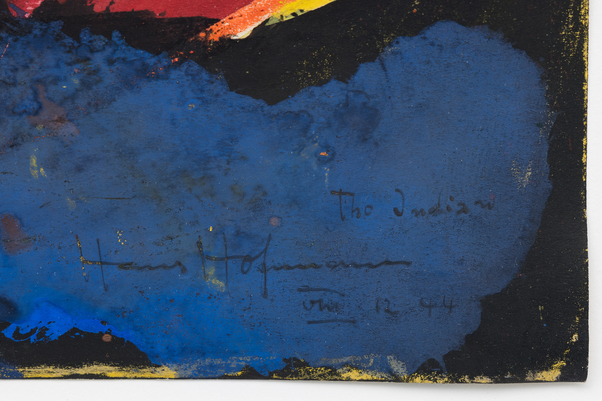 <div><font face=Lato size=3 color=black>Executed in mixed media on paper, <em>The Indian</em> from 1944 showcases Hofmann’s ability to offer a powerful interplay between abstraction and figuration. Surrounded by an atmospheric expanse of deep blues and punctuated by vivid accents of red and yellow, the central form suggests the stylized head of a Native American. Shaped not by direct detailing techniques but subtractive reduction, Hofmann shaped the figure by enclosing it with dynamic strokes of the deep blue surround, punctuated by vivid reds and yellows, as if carving the form out of the surrounding space. This approach emphasizes the figure’s presence while allowing it to remain enigmatic, suspended within an atmospheric mélange of bold, gestural marks.</font></div>
<br>
<br><div> </div>
<br>
<br><div><font face=Lato size=3 color=black>The tension between the central form and its vibrant background exemplifies Hofmann’s transition during the 1940s from Cubist rigor to more unrestricted, expressionistic techniques. <em>The Indian</em> captures the energy of this pivotal period, with its layered abstraction and symbolic undertones reflecting Hofmann’s ability to unite gestural spontaneity with deliberate compositional balance.</font></div>