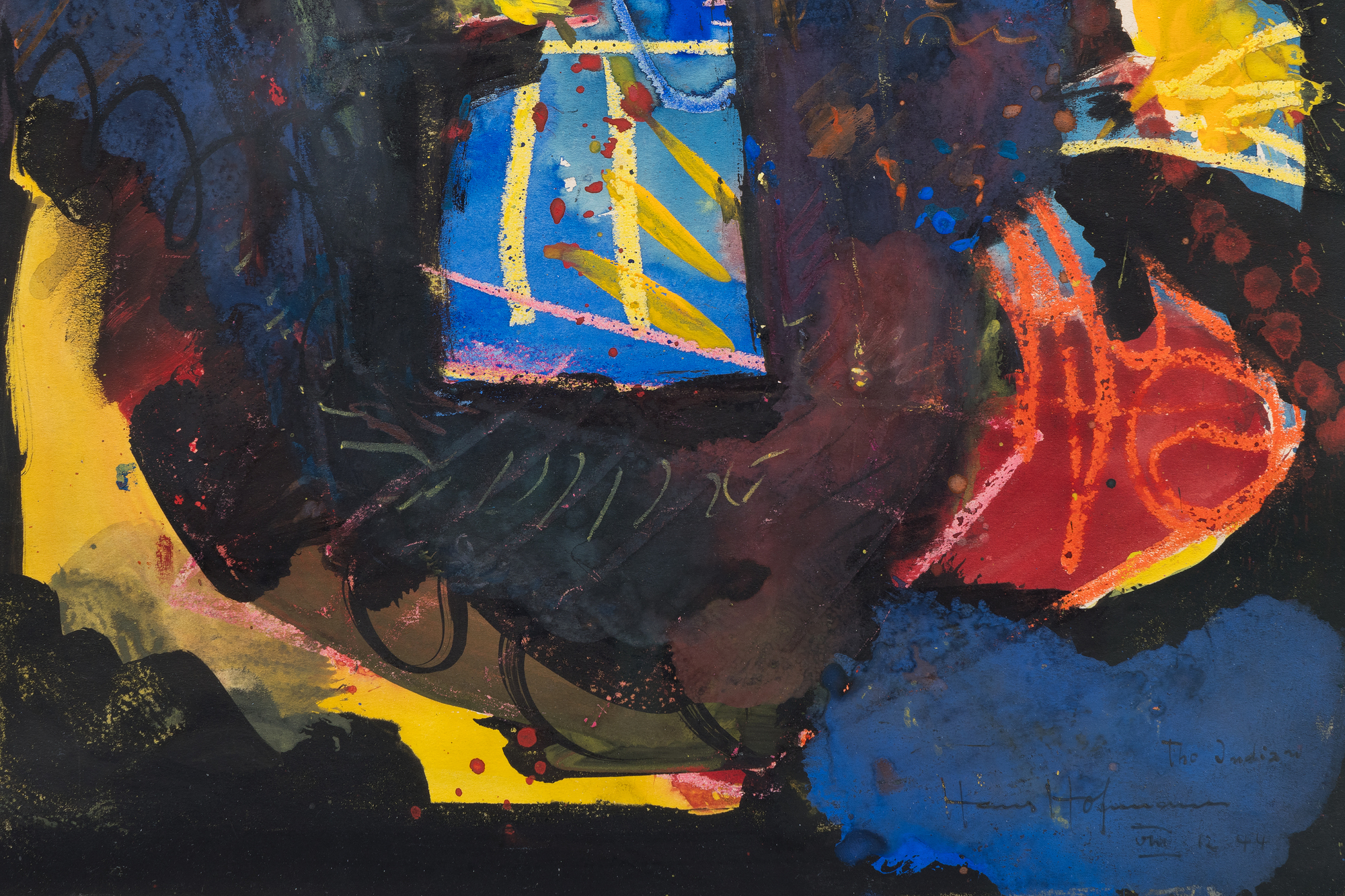 <div><font face=Lato size=3 color=black>Executed in mixed media on paper, <em>The Indian</em> from 1944 showcases Hofmann’s ability to offer a powerful interplay between abstraction and figuration. Surrounded by an atmospheric expanse of deep blues and punctuated by vivid accents of red and yellow, the central form suggests the stylized head of a Native American. Shaped not by direct detailing techniques but subtractive reduction, Hofmann shaped the figure by enclosing it with dynamic strokes of the deep blue surround, punctuated by vivid reds and yellows, as if carving the form out of the surrounding space. This approach emphasizes the figure’s presence while allowing it to remain enigmatic, suspended within an atmospheric mélange of bold, gestural marks.</font></div>
<br>
<br><div> </div>
<br>
<br><div><font face=Lato size=3 color=black>The tension between the central form and its vibrant background exemplifies Hofmann’s transition during the 1940s from Cubist rigor to more unrestricted, expressionistic techniques. <em>The Indian</em> captures the energy of this pivotal period, with its layered abstraction and symbolic undertones reflecting Hofmann’s ability to unite gestural spontaneity with deliberate compositional balance.</font></div>