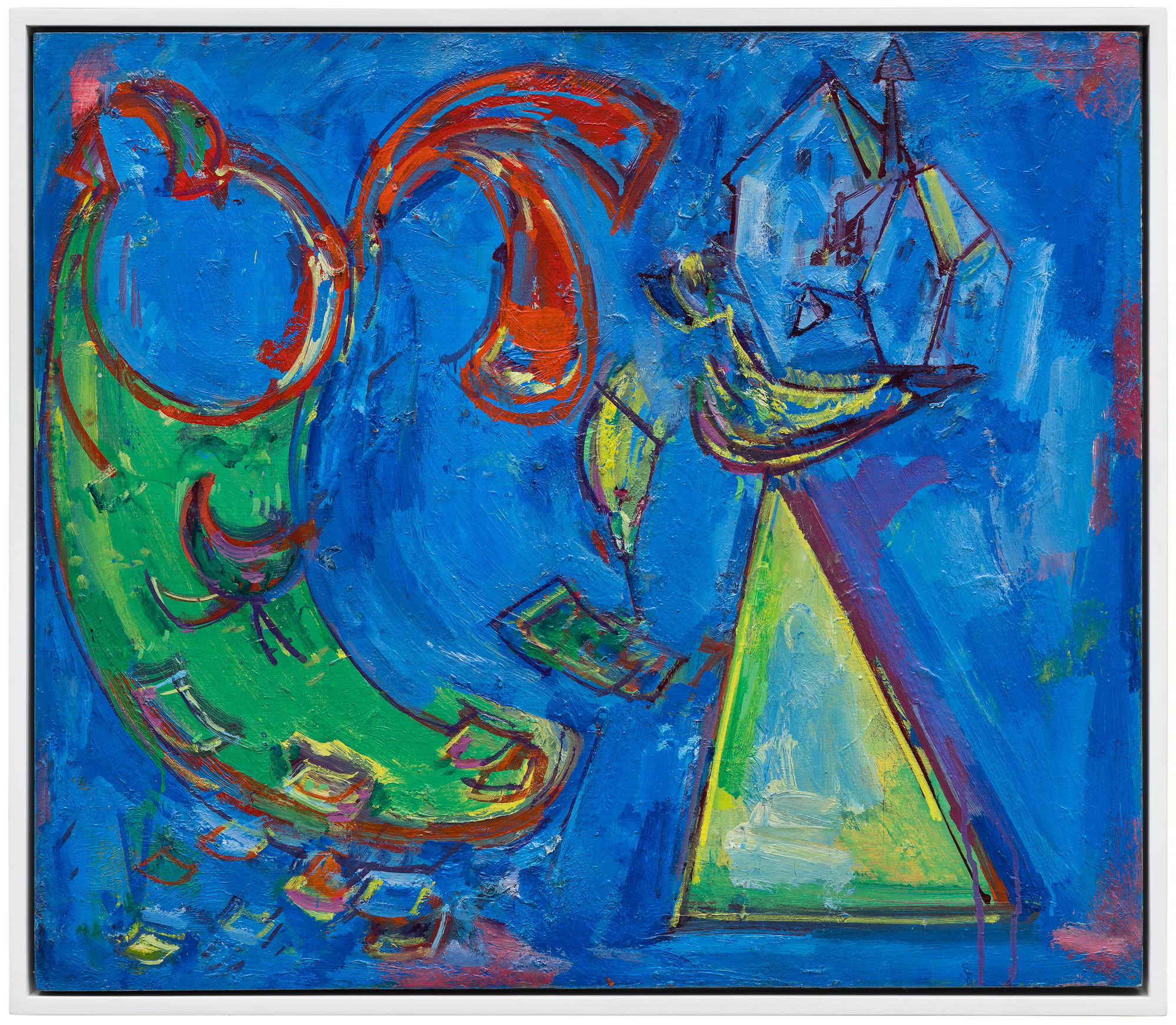 <div><font face=Lato size=3 color=black>Hans Hofmann's <em>The Zoo</em> (1944) brims with playful energy, its abstract forms suggesting a whimsical exploration of animalistic shapes and gestures. Dominated by a vivid blue field punctuated by bold strokes of red, green, and yellow, the formal elements and composition provide a lively interplay of color. While the title invites the viewer to seek out zoo-like references, the forms are ambiguous yet evocative: sweeping red arcs might suggest the curve of a tail, while the triangular green shape evokes the profile of an enclosure or a cage. The painting captures not the literal essence of a zoo but the dynamism and movement one might associate with such a space.</font></div>
<br>
<br><div> </div>
<br>
<br><div><font face=Lato size=3 color=black>Heavily influenced by Surrealist automatism and the biomorphic forms of Joan Miró, the organic shapes and bold colors seem to pulse with life, blurring the boundary between abstraction and figuration. Yet, unlike Miró's delicate dreamscapes, Hofmann's brushwork carries a muscular energy, grounding the composition in his signature gestural style.</font></div>
<br>
<br><div><font face=Lato size=3 color=black><em>The Zoo</em> reflects Hofmann's ability to balance spontaneity with deliberate compositional choices. The result is a vibrant, joy-filled work that celebrates the world's visual complexity and the boundless creative freedom of abstraction during this pivotal phase of his career.</font></div>