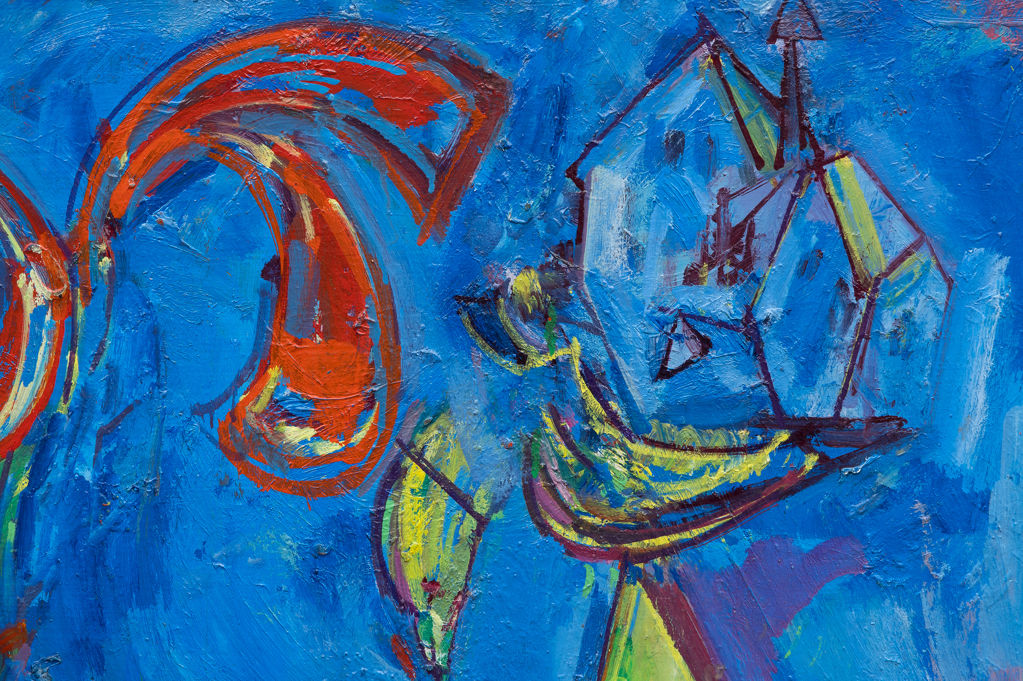 <div><font face=Lato size=3 color=black>Hans Hofmann's <em>The Zoo</em> (1944) brims with playful energy, its abstract forms suggesting a whimsical exploration of animalistic shapes and gestures. Dominated by a vivid blue field punctuated by bold strokes of red, green, and yellow, the formal elements and composition provide a lively interplay of color. While the title invites the viewer to seek out zoo-like references, the forms are ambiguous yet evocative: sweeping red arcs might suggest the curve of a tail, while the triangular green shape evokes the profile of an enclosure or a cage. The painting captures not the literal essence of a zoo but the dynamism and movement one might associate with such a space.</font></div>
<br>
<br><div> </div>
<br>
<br><div><font face=Lato size=3 color=black>Heavily influenced by Surrealist automatism and the biomorphic forms of Joan Miró, the organic shapes and bold colors seem to pulse with life, blurring the boundary between abstraction and figuration. Yet, unlike Miró's delicate dreamscapes, Hofmann's brushwork carries a muscular energy, grounding the composition in his signature gestural style.</font></div>
<br>
<br><div><font face=Lato size=3 color=black><em>The Zoo</em> reflects Hofmann's ability to balance spontaneity with deliberate compositional choices. The result is a vibrant, joy-filled work that celebrates the world's visual complexity and the boundless creative freedom of abstraction during this pivotal phase of his career.</font></div>