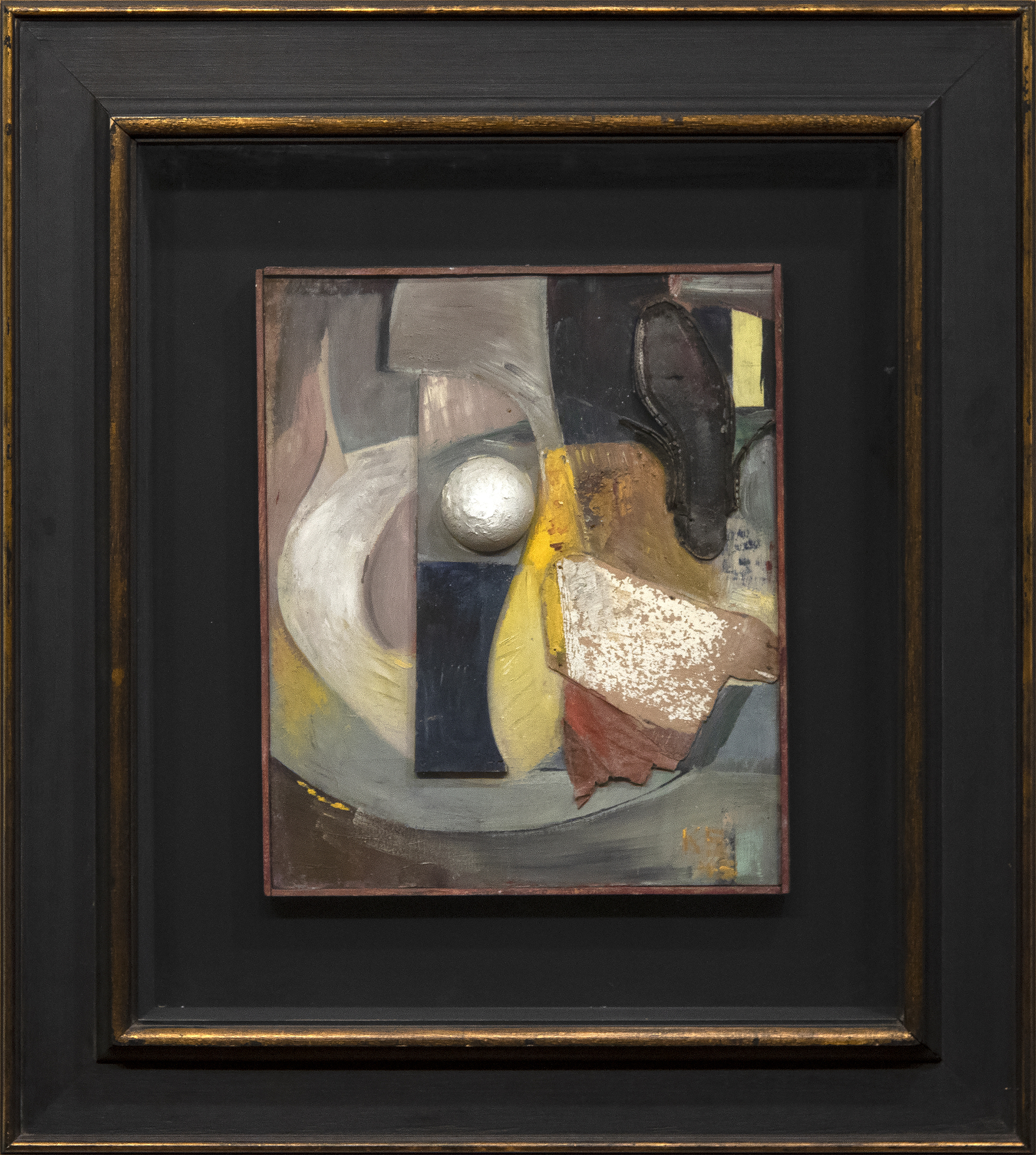 <div> <font face=Aptos size=3 color=black>Kurt Schwitters invented “<em>Merz”</em> in 1919, a term born from the fragmentation of the word "Kommerz" in one of his early collages. At a time of significant social, political, and artistic upheaval, Schwitters embraced modernist movements such as Dada, Expressionism, and Constructivism yet forged his path, developing <em>Merz</em> as his personal artistic approach. This idea of transformation, of elevating refuse into something meaningful, dominated his career and remained central to his creative practice until he died in 1948. <em>Merz</em> was not just a technique; it was a philosophy of creating art from the detritus of the everyday world, giving new meaning to objects independent of their original function.</font></div>
<br>
<br><div> </div>
<br>
<br><div><font face=Aptos size=3 color=black>Created in 1945 during his exile in England after fleeing Nazi persecution, “<em>Untitled, Merz Picture with Shoe Sole” </em>presents as an evocative example of his later <em>Merz</em> compositions. The work features a shoe sole as part of an assemblage whose topography includes two other raised elements: a textured scrap and a round white orb, creating an elevated terrain that brings physical depth to the piece. These elevated elements give the work a sculptural quality, blurring the line between painting and relief. At the same time, the layered textures and muted palette of slate and blue-gray, browns, and ochre underscore Schwitters' ability to draw beauty from what might otherwise be overlooked or discarded.</font></div>
<br>
<br><div> </div>
<br>
<br><div><font face=Aptos size=3 color=black>The everyday experience, represented by the shoe sole, finds its place in an abstract landscape, much as Schwitters sought to create a sense of order from the disordered fragments of the world around him. The muted colors and rough textures of the assemblage suggest both scarcity—reflecting the limited materials available during wartime—and resilience, as Schwitters continued his artistic practice in the face of adversity.</font></div>
<br>
<br><div> </div>
<br>
<br><div><font face=Aptos size=3 color=black>Through this assemblage, Schwitters reaffirms his belief in the transformative power of “<em>Merz”</em>: the ability to turn the discarded into something new, meaningful, and enduring. “<em>Untitled, Merz Picture with Shoe Sole”</em> is a testament to Schwitters' unyielding vision, where even the most ordinary objects can become art, elevated literally and conceptually.</font></div>