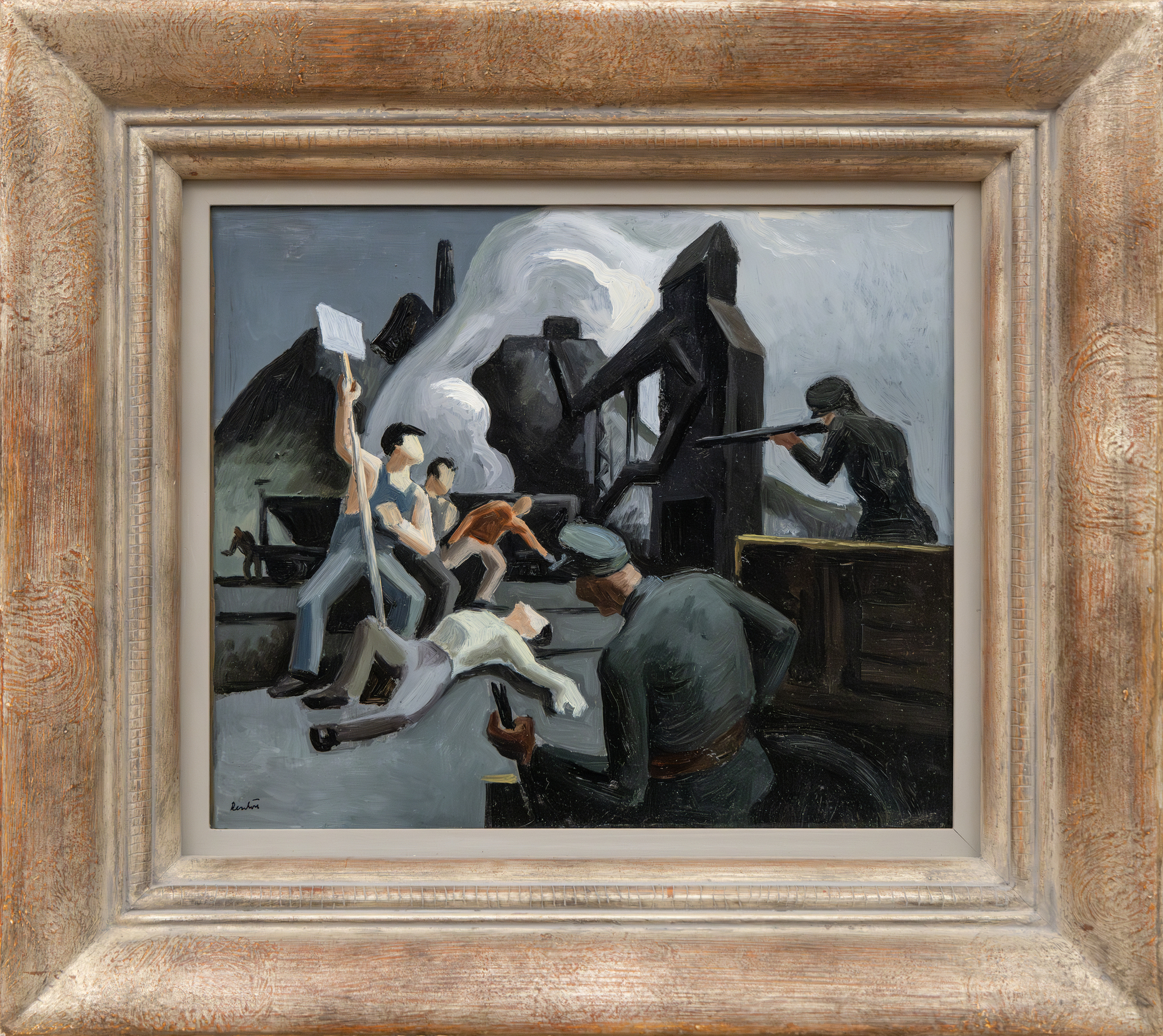 <div><font face=Calibri size=3 color=black>Deeply influenced by his populist views and commitment to social realism, Thomas Hart Benton became an advocate for the common man, often depicting the struggles and resilience of ordinary Americans in his work. Coal strikes were frequent occurrences in the late 1920s and early 1930s, and <em>"Mine Strike"</em> is a visually compelling account of such an uprising, rich with social commentary. At the time, Benton traveled the nation seeking inspiration for a mural project and was particularly interested in social issues. In 1933, he illustrated the modern social history of the United States for <em>“We the People”,</em> published by Harper & Brothers, New York. <em>"Mine Strike"</em> is carefully constructed to highlight the chaos and human drama. </font></div>
<br>
<br><div> </div>
<br>
<br><div><font face=Calibri size=3 color=black>The figures are robust and grounded, reflecting Benton's signature style of muscular forms. The scene, though aggressive and violent, displays commitment and sacrifice. Two officers fire on the strikers, one of whom has fallen to the ground, shot. Set against the backdrop of an imposing mining complex, a towering black structure known as a 'tipple' looms ominously over the strikers. Its darkly sinister anthropomorphic shape contrasts sharply with the lighter, more organic human figures — an appearance intensified by its coal chutes resembling mechanical arms. This visual metaphor of industrial oppression underscores the pervasive threat posed by the coal mining industry and those paid to protect its interests.</font></div>
<br>
<br><div> </div>
<br>
<br><div><font face=Calibri size=3 color=black>Through <em>"Mine Strike,"</em> Benton not only documents a specific historical moment but also critiques the broader socio-economic conditions of his time. His depiction of the workers' plight is a powerful statement on the exploitation and struggles the working-class faces. Benton's political leanings towards advocating for social justice and his commitment to portraying the reality of American life are vividly encapsulated in this painting, making it a poignant and enduring piece of art.</font></div>
<br>
<br><div> </div>
<br>
<br><div><font face=Calibri size=3 color=black>Benton made two compositions about strike activities during this time: this painting and another, <em>“Strikebreakers”</em>, painted in 1931. Of the two, Benton used <em>"Mine Strike"</em> as the basis for a well-known lithograph issued in 1933. Benton described the scene as a "Strike battle" in the coal country. This is an imaginary reconstruction of a situation only too common in the late twenties and early thirties."</font></div>