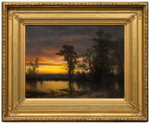 ALBERT BIERSTADT-Twilight on the San Joaquin <div>"Twilight on the San Joaquin" (c. 1873) is a luminous oil painting that exemplifies Albert Bierstadt’s mature engagement with the American landscape and his mastery of light effects. Executed in a refined Luminist style, the work emphasizes a tranquil, glowing atmosphere achieved through meticulous detail, subtle tonal transitions, and a carefully controlled palette. The fading light of dusk settles gently over the scene, transforming the San Joaquin River into a reflective plane that anchors the composition and enhances its meditative stillness. </div>
<br>
<br><div> </div>
<br>
<br><div>The San Joaquin River, which flows through California’s Central Valley before joining the Sacramento River at the Sacramento–San Joaquin Delta, was a subject well suited to Bierstadt’s interest in expansive yet serene vistas. In this painting, the river becomes a conduit for light, capturing the delicate interplay between sky and water at twilight. The result is a harmonious balance between natural grandeur and intimate observation. </div>
<br>
<br><div> </div>
<br>
<br><div>Bierstadt was a prominent painter associated with the Hudson River School, known for his large, gleaming depictions of the American West. His portrayals of beauty and plenty helped shape the popular image of the West and reassured Americans, still grappling with the aftermath of the Civil War, that their young democracy possessed a grandeur comparable to Europe and would endure. Between 1871 and 1873, Bierstadt lived in California, maintaining a studio in San Francisco, and traveled extensively through the region, producing works that capture its vastness and unique beauty. </div>
<br>
<br><div> </div>
<br>
<br><div>A closely related twilight scene, "Owens Valley, California" (c. 1872) is in the collection of the McMullen Museum of Art, Boston College. Twilight on the San Joaquin will be included in the forthcoming Albert Bierstadt catalogue raisonné database directed by Melissa Webster Speidel, President of the Bierstadt Foundation. </div>