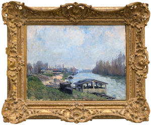 ALFRED SISLEY-Le Lavoir de Billancourt <div>Alfred Sisley’s <em>Le Lavoir de Billancourt</em> (1879) is a superb example of the artist’s lifelong devotion to painting directly before nature, and to the quiet drama of landscape in flux. Often described as the “purest” plein air painter of the Impressionist circle, Sisley maintained an almost exclusive relationship with landscape, attending to the subtlest changes of season, weather, and time of day. His river scenes in particular have long been compared to Monet’s for their sensitivity to water—its shifting reflections, softened edges, and the way light dissolves form into atmosphere. </div>
<br>
<br><div> </div>
<br>
<br><div>Painted along the Seine at Billancourt—an industrial town west of Paris—this work belongs to the sequence of views Sisley produced after the upheavals of 1871, when he moved his family first to Louveciennes and later to nearby Marly-le-Roi. The Seine valley offered him an ever-renewing motif: looping river bends, villages threaded along the banks, and a landscape marked by both history and modern life. Here, the floating washing house (a lavoir) sits low on the water, a practical structure where locals could wash clothes directly in the river for a small fee. Sisley transforms this everyday subject into an evocation of lived place, where human activity is integrated seamlessly into the broader rhythms of sky and current. </div>
<br>
<br><div> </div>
<br>
<br><div>The 1870s are widely recognized as Sisley’s “golden period”—when his work speaks in a distinctly personal voice rather than under the overt influence of Corot, Courbet, or even early Monet. After ceasing to exhibit at the Salon after 1877, his compositions grew more complex and less dependent on traditional recession and linear perspective, shifting instead toward interlocking patterns and the expressive energy of his brushwork. In<em> Le Lavoir de Billancourt</em>, layers of pigment are built up in quick, multidirectional strokes, creating a richly textured surface saturated with color and air. This heightened spontaneity aligns with contemporary praise for Sisley’s ability to seize passing moments—clouds, breeze, and trembling foliage—so that space and light feel inseparable, and the scene remains vibrantly in motion. The painting is recorded in the François Dault<em> Alfred Sisley: catalogue raisonné de l'oeuvre peint</em> (1959) as no. 315. </div>