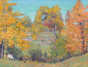 ALSON CLARK-Autumn, St Lawrence River <div>Alson Clark’s <em>Autumn, St. Lawrence River</em> (1916) is a celebration of seasonal color and painterly assurance, created during a highly productive summer spent along the St. Lawrence River. Painted at a moment of peak confidence, the work follows closely on the artist’s major success at the Panama–Pacific International Exposition, where Clark filled an entire exhibition room with his paintings—an achievement that firmly established his reputation and momentum at this stage of his career. </div>
<br>
<br><div> </div>
<br>
<br><div>The composition unfolds across a gently rolling landscape animated by the brilliance of early autumn. Trees blaze with saturated yellows, oranges, and soft reds, their foliage rendered in broken, impressionistic strokes against a clear, luminous blue sky. Clark’s confident handling of paint allows color to carry form, creating a sense of depth through overlapping passages. Small grazing cattle dot the hillside, providing scale and a quiet note of pastoral life that anchors the composition without interrupting its chromatic rhythm. </div>
<br>
<br><div> </div>
<br>
<br><div>Clark was celebrated for his ability to fuse American landscape painting with lessons drawn from European Impressionism, and this work exemplifies that synthesis. The surface remains lively and tactile, with visible brushwork that conveys movement and atmosphere while maintaining compositional harmony. <em>Autumn, St. Lawrence River </em>reflects not only the artist’s mastery of color and light, but also the assured vision of a painter fully at ease with his subject, transforming a specific place and moment into a timeless expression of seasonal abundance. </div>