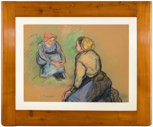 CAMILLE PISSARRO-Paysannes Assises <div>Camille Pissarro’s<em> Paysannes assises </em>(c. 1880) is a richly colored, large-scale pastel that distills the artist’s humanism and modernity into an intimate, everyday encounter. Two peasant women sit in quiet conversation, their bodies described with confident contour and softened planes of color that feel both immediate and tender. The warm tone of the paper becomes an active field, allowing passages of blue, green, and rose to breathe around the figures, while Pissarro’s unmistakably painterly strokes—alternately feathered and emphatic—give the scene texture, light, and lived presence. Bright yet restrained, the work is iconically Pissarro: direct, unsentimental, and deeply attentive to rural life. </div>
<br>
<br><div> </div>
<br>
<br><div>Often called the backbone of Impressionism, Pissarro was the movement’s most consistent, experimental, and unifying force. He was the only artist to exhibit in all eight Impressionist exhibitions from 1874 to 1886, and his generosity as a mentor shaped the next generation—Cézanne, Gauguin, Seurat, and Signac among them. In pastel, a medium prized for its speed and chromatic intensity, Pissarro found an especially apt vehicle for capturing fleeting effects and the immediacy of observation, without sacrificing structure or psychological nuance. </div>
<br>
<br><div> </div>
<br>
<br><div>The enduring importance of his work is underscored by recent museum attention, including the Denver Art Museum’s major exhibition positioning him as “the first Impressionist” (<em>The Honest Eye: Camille Pissarro's Impressionism</em>, October 26, 2025 – February 8, 2026), the first significant U.S. survey of the artist in four decades. <em>Paysannes assises</em> also resonates with closely related figure studies in major collections, such as examples at LACMA and The Morgan Library, affirming the centrality of these pastoral subjects within Pissarro’s practice and within Impressionism itself. </div>