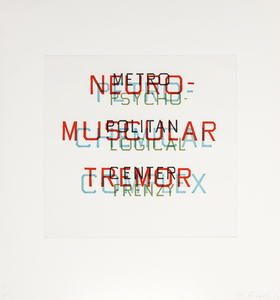 ED RUSCHA-Metro Petro Neuro Psycho <div><font face=Lato size=3 color=black>Ed Ruscha’s <em>Metro, Petro, Neuro, Psycho</em>, from an edition of 25 with 10 artist proofs, exemplifies the artist’s ongoing investigation into the visual and conceptual potential of language. In this work, stacked words unfold like an architectural structure, their rhyming syllables generating a verbal beat that underscores Ruscha’s fascination with the rhythm and absurdity of text. Letters become forms, spacing becomes structure, and typography itself takes on the weight of image.</font></div>
<br>
<br><div><font face=Lato size=3> </font></div>
<br>
<br><div><font face=Lato size=3 color=black>Bridging Ruscha’s iconic word paintings of the 1960s with his more layered experiments of the 1980s and beyond, the print embodies his approach to isolating fragments of language—billboard slogans, overheard words, or invented phrases—so they can be reconsidered as both visual and semantic phenomena. Ruscha himself has described such arrangements as “visual noise,” simultaneously playful and disorienting. Institutional recognition of the work’s importance is affirmed by examples in the Museum of Modern Art, New York, and the National Gallery of Art, Washington.</font></div>