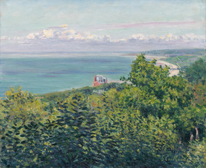 <div><font face=Lato size=3 color=black>Exhibited in the seventh Impressionist exhibition in 1882, Gustave Caillebotte's "<em>Vue de mer, Villers</em>" announced a pivotal shift in the artist's oeuvre, marking his transition from the urban realism of Parisian street scenes to the expansive, light-filled landscapes of Normandy. This change aligned Caillebotte more closely with his Impressionist contemporaries and allowed him to explore fresh compositional and stylistic innovations, enriching the movement's diversity.<br>
<br></font></div>
<br>
<br><div><font face=Lato size=3 color=black>Often called the "Urban Impressionist," Caillebotte built his reputation as a genre painter through meticulously rendered depictions of bustling city life. Like his contemporary Edgar Degas, he was a keen observer of modern reality and a superb draftsman. Both artists shared an enthusiastic interest in photography, and integrated elements from the emerging art form related to image cropping, focal length adjustments, and perspective effects. These influences can be seen in the exaggerated, plunging vantage points that became hallmarks of Caillebotte's dynamic compositions, often imbuing his works with thrilling optical depth.<br>
<br></font></div>
<br>
<br><div><font face=Lato size=3 color=black>By the early 1880s, the allure of Normandy — a region deeply connected to Claude Monet and newly accessible by rail — seems to have drawn Caillebotte's attention. Monet, who had an intimate knowledge of the area, may have recommended Villers specifically, although painters interested in landscapes could choose from numerous seaside villages such as Trouville and Honfleur, each a haven for Paris's bourgeoisie. These locales, characterized by their natural beauty and the burgeoning influence of modern leisure culture, provided ample inspiration for Caillebotte's evolving artistic focus. His depictions of these locales celebrate their charm and engage with the Impressionist exploration of the changing relationship between people and their environments.<br>
<br></font></div>
<br>
<br><div><font face=Lato size=3 color=black>Created during one of his first visits to Normandy, "<em>Vue de mer, Villers</em>" reaffirms Caillebotte's skill as a compositional innovator, even as he embraced a new genre. While transitioning to landscape painting, he retained elements of his signature style, notably the detached, elevated vantage point familiar from his urban works. The rolling greenery of the foreground transitions seamlessly into the luminous pastel hues of the distant horizon. A red-roofed villa commands attention with its bold geometry, standing in stark, complementary contrast to the fluid forms of the surrounding natural landscape. The juxtaposition of the villa's pink walls with the greens and blues of the coast underscores the tension between the natural and the constructed, evoking a sense of transformation emblematic of late 19th-century France. At the same time, the painting exudes a quietude and contemplative mood that aligns with the Impressionist emphasis on capturing ephemeral moments and atmospheres rather than explicit narratives. Caillebotte's brushwork here is freer and more painterly than in his earlier works, with vibrant, varied strokes lending the foliage a dynamic, tactile quality. The distant sky, suffused with soft lavenders and blues, evokes the tranquil stillness of an evening on the coast, completing the composition with a sense of serene balance.<br>
<br></font></div>
<br>
<br><div><font face=Lato size=3 color=black>In "<em>Vue de mer, Villers</em>," Caillebotte achieves a masterful fusion of observation and innovation, bridging his roots in urban realism with the Impressionist commitment to capturing the transient effects of light and atmosphere. Its inclusion in the 1882 exhibition reaffirmed Caillebotte's position within the Impressionist circle, demonstrating his ability to expand the movement's reach while maintaining his distinctive perspective. This painting is a celebration of the modern landscape and a profound meditation on the evolving relationship between nature and modernity, offering a timeless vision that continues to resonate.</font></div>