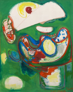 <div><font face=Lato size=3 color=black>Hans Hofmann's <em>Baal</em> channels the charged energy of its evocative title, rooted in ancient Semitic tradition. The name refers to a lord or master but also carries associations with primal forces of nature, chaos, and creation. Hofmann's work reflects this duality, blending structured design with the untamed vitality of gestural abstraction to create a composition oscillating between entropy and order.</font></div>
<br>
<br><div> </div>
<br>
<br><div><font face=Lato size=3 color=black>Painted at age 65, <em>Baal</em> also showcases Hofmann's willingness to revisit earlier disciplines while addressing the challenges of mid-century abstraction. Its vibrant palette and bold use of complementary colors, particularly the juxtaposition of red and green, heightens the painting's dynamism. His muscular brushwork also reflects his lifelong experimentation with the tension between form and freedom; undulating lines and biomorphic forms evoke the surrealist influence of Miró and the spiritual resonance of Kandinsky's gestural abstractions. Like these predecessors, Hofmann sought to translate "inner necessity" into visual expression, guided by his fertile imagination. Yet the planal elements and curvilinear shapes of <em>Baal</em> also reflect the influence of improvisational painting, a hallmark of Abstract Expressionism as practiced by contemporaries like Arshile Gorky, among others. It is a composition that teems with movement and energy, suggesting a cosmos in flux—chaotic yet deliberate.</font></div>
<br>
<br><div> </div>
<br>
<br><div><font face=Lato size=3 color=black>Exhibited the same year at Betty Parsons Gallery in New York, <em>Baal</em> signals Hofmann's evolution as a master and innovator. With its vivid dynamism and symbolic title, the painting epitomizes Hofmann's ability to infuse abstraction with elemental power, crafting a deeply personal exploration of form and color.</font></div>