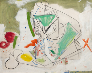 <div><font face=Lato size=3 color=black>Hans Hofmann explored linearity and color with persistence during the late 1940s, creating a tension between Cubist structure and gestural abstraction. In this painting, <em>Fruit Bowl #1</em>, the linear impulse takes center stage, with dynamic black contours weaving and unspooling across the canvas, limning forms that merely hint at a still-life composition. Hofmann's approach is far from conventional; the traditional fruit bowl is fractured and reimagined into an abstract interplay of geometric and organic shapes. The addition of bright, flatly applied patches and demarcation of green, red, and yellow punctuates the composition, adding an energetic entropy and vitality. Hofmann's raw, alluring, yet slightly uncomfortable palette and gestural freedom elevate the piece beyond its Cubist origins, revealing an artist deeply engaged with the challenges of mid-20th-century abstraction. Hofmann's lines and color fields balance spontaneity with control, oscillating between chaos and structure.</font></div>
<br>
<br><div> </div>
<br>
<br><div><font face=Lato size=3 color=black><em>Fruit Bowl #1</em> reflects Hofmann's ongoing dialogue with earlier European modernists while pushing toward the freer instincts of American Abstract Expressionism. Often criticized as misaligned with the rising dominance of gestural abstraction, paintings from this period in Hofmann's career remain his own—vibrant, exploratory, and unapologetically personal.</font></div>