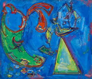 <div><font face=Lato size=3 color=black>Hans Hofmann's <em>The Zoo</em> (1944) brims with playful energy, its abstract forms suggesting a whimsical exploration of animalistic shapes and gestures. Dominated by a vivid blue field punctuated by bold strokes of red, green, and yellow, the formal elements and composition provide a lively interplay of color. While the title invites the viewer to seek out zoo-like references, the forms are ambiguous yet evocative: sweeping red arcs might suggest the curve of a tail, while the triangular green shape evokes the profile of an enclosure or a cage. The painting captures not the literal essence of a zoo but the dynamism and movement one might associate with such a space.</font></div>
<br>
<br><div> </div>
<br>
<br><div><font face=Lato size=3 color=black>Heavily influenced by Surrealist automatism and the biomorphic forms of Joan Miró, the organic shapes and bold colors seem to pulse with life, blurring the boundary between abstraction and figuration. Yet, unlike Miró's delicate dreamscapes, Hofmann's brushwork carries a muscular energy, grounding the composition in his signature gestural style.</font></div>
<br>
<br><div><font face=Lato size=3 color=black><em>The Zoo</em> reflects Hofmann's ability to balance spontaneity with deliberate compositional choices. The result is a vibrant, joy-filled work that celebrates the world's visual complexity and the boundless creative freedom of abstraction during this pivotal phase of his career.</font></div>