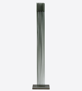 <div><font size=3 color=black>Harry Bertoia's “Sonambient” sculptures are renowned for their meditative qualities, inviting viewers into a serene and contemplative state. Among the five “Sonambients” in our exhibition, even this most petite sculpture stands out with its remarkable sonic capabilities. This work, with its 64 tines, each capped with long, slender finials, produces a high-timbered sonority that is surprisingly robust. The delicate yet powerful sound offers an auditory experience that encourages reflection and heightened awareness.</font></div>
<br>
<br><div><font size=3> </font></div>
<br>
<br><div><font size=3 color=black>A pivotal aspect of the “Sonambient” sculptures' evolution was the involvement of Bertoia's brother, Oreste, whose expertise as a musician enabled him to help Harry reconceptualize these sculptures, not just as visual or kinetic art but as instruments capable of producing an immersive soundscape. This collaboration highlighted the interdisciplinary nature of Bertoia's work, merging the worlds of sculpture and music. Experimenting with rods and tines of different metals, varying in length and thickness, he discovered a wide range of tones and textural droning sounds. Exhilarated by their ethereal, otherworldly resonance and his brother's encouragement, Bertoia filled his historic barn in Bally, Pennsylvania, with more than sixty “Sonambient” sculptures. It became a kind of orchestral studio and laboratory where he recorded albums and held concerts, and the once lowly barn became a hallowed place—a chapel of sorts—where visitors experienced it as a pilgrimage and a place of profound inspiration and meditation.</font></div>