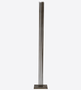 <div><font face=Calibri size=3 color=black>Standing at an impressive 103 inches, this elegantly spare “Sonambient” sculpture by Harry Bertoia allows us to marvel at one of the finest artisans of his generation. This piece, the tallest in the series currently available here at Heather James Fine Art, features a precise arrangement of 36 slender tines in a 6 x 6 grid. This arrangement's uniformity and symmetry are visually captivating and crucial for the sculpture's acoustic properties. The rods, austere and uncapped by finials, have an aged patina with copper undertones, suggesting Bertoia's use of copper or a similar alloy known for its resonant qualities and distinctive coloration. Given the outstanding length of these rods, the attachment method is particularly noteworthy. Bertoia meticulously inserted each rod into individual holes in the base plate using precision drilling and securing techniques such as welding that ensured the rods were firmly anchored and stable, maintaining the structural integrity essential for consistent acoustic performance.</font></div>
<br>
<br><div> </div>
<br>
<br><div><font face=Calibri size=3 color=black>Beyond his uncompromising nature, Bertoia's work draws significant inspiration from natural elements. This sculpture's tall, slender rods evoke images of reeds or tall grasses swaying gently in the wind. This dynamic interaction between the sculpture and its environment mirrors the movement of plants, creating an immersive, naturalistic experience. Yet when activated or moved by air currents, the rods of this monumental work initiate metallic undertones that confirm its materiality without betraying its profound connection to the natural world.</font></div>
<br>
<br><div><font face=Calibri size=3 color=black>Integrating technical precision and natural inspiration depends on exacting construction that ensures durability and acoustic consistency, while its kinetic and auditory nature imbues the piece with a sense of vitality. This fusion invites viewers to engage with the sculpture on multiple sensory levels, appreciating its robust craftsmanship and evocative, naturalistic qualities. Bertoia's ability to blend these elements results in a work that is both a technical marvel and a tribute to the beauty of the natural world.</font></div>