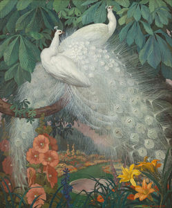 JESSIE ARMS BOTKE - Two White Peacocks - oil on board - 29 1/4 x 24 1/2 in.