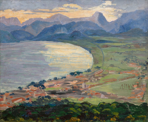 <div>Painted from an unusually high vantage, “Riviera Coast Scene” vividly conveys the formidable distance and breadth of the scene from the perch where he set his easel.  Interestingly, Paul Rafferty did not include this painting in his book Winston Churchill: Painting on the French Riviera, believing it could likely be a scene from the Italian Lake District, where Churchill also painted in the same time period.  Paintings by Churchill can function as a glimpse into his extensive travels and his colorful life. Churchill most likely painted “Riviera Coast Scene” during a holiday at Chateau de l’Horizon, home of Maxine Elliot, a friend of his mother. Elliot, originally from Rockland, Maine, was a successful actress and socialite.  Within this painting, we see the influence of the Impressionists who utilized unusual viewpoints, modeled after Japanese woodblock prints, but also evidence of their attempts to push the boundaries of the landscape genre.</div>