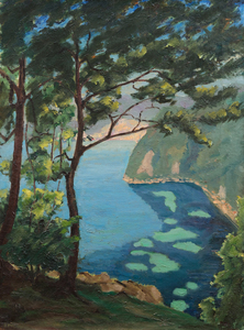 Located on the French Riviera between Nice and Monte Carlo, the Bay of Eze is renowned for its stunning location and spectacular views. As you can see on pages 80-81 of Rafferty's book, this painting skillfully captures the dizzying heights, set just west of Lou Sueil, the home of Jacques and Consuelo Balsan, close friends of Winston and Clementine.
<br> 
<br>The painting manipulates perspective and depth, a nod to the dramatic shifts of artists including Monet and Cézanne, who challenged traditional vantage points of landscapes. The portrait (i.e. vertical) orientation of the canvas combined with the trees, and the rhyming coastline channels the viewer’s gaze. The perceived tilting of the water's plane imbues the painting with dynamic tension.