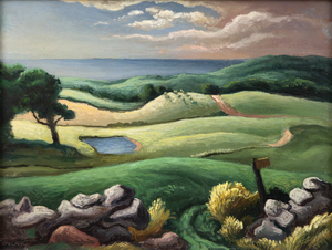 &lt;div&gt;&lt;font face=Calibri size=3 color=black&gt;Martha&#039;s Vineyard played a pivotal role in Thomas Hart Benton&#039;s artistic journey, offering him both inspiration and respite from urban life. His first visit to the sparsely populated island in 1920 marked a turning point, allowing him to escape the sweltering New York summers and find clarity in the island&#039;s serene environment. At a time before the island was deluged by the fabulously wealthy, Vineyard was a freewheeling community of artists and intellectuals that gave the ever-inquisitive Benton much-needed stimulation. It is here that Benton&#039;s bold colors and dynamic compositions achieved contour inflections, pictorial rhythms, and a strong-hued palette, which we associate with his mature style. Inspired early by Cézanne, Benton&#039;s landscapes transcend fleeting impressions. Yet he never abandoned the influence of Synchronism and its focus on color harmonies, tempo, and rhythm. That latter influence drives the energy and spirit of &quot;Keith&#039;s Farm, Chilmark,&quot; organized into horizontal bands of visual information, creating a sense of motion and unity.&lt;/font&gt;&lt;/div&gt;&lt;br&gt;&lt;br&gt;&lt;div&gt;&nbsp;&lt;/div&gt;&lt;br&gt;&lt;br&gt;&lt;div&gt;&lt;font face=Calibri size=3 color=black&gt;With its rolling pastures to the Atlantic Ocean and tranquil cloud formations beyond, the view over the Keith Farm pastures is one of the island&#039;s most spectacular. Overlooking Menemsha Pond to the Vineyard Sound, Benton captured and distilled the essential nature of the place, transforming it into a picturesque and personally significant composition. His use of modern techniques to strip the landscape down to its basic tendencies embodies pride in regional America and a reverence for the country&#039;s natural beauty in ways the streets of New York never could. Simultaneously, Benton imbues the work with what his daughter, Jessie, noted: music played a vital role in her father&#039;s art, informing a sense of motion using sinuous forms, each rendered in flowing complementary and contrasting colors and &#039;twisting, always moving, moving, moving.&#039; Typical of Benton&#039;s best paintings, &quot;Keith&#039;s Farm, Chilmark&quot; is a well-orchestrated work that pulls individual elements into a unifying scheme of visual rhythm — a testament to his mastery of landscape painting and deep connection to Martha&#039;s Vineyard.&lt;/font&gt;&lt;/div&gt;