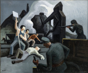 <div><font face=Calibri size=3 color=black>Deeply influenced by his populist views and commitment to social realism, Thomas Hart Benton became an advocate for the common man, often depicting the struggles and resilience of ordinary Americans in his work. Coal strikes were frequent occurrences in the late 1920s and early 1930s, and <em>"Mine Strike"</em> is a visually compelling account of such an uprising, rich with social commentary. At the time, Benton traveled the nation seeking inspiration for a mural project and was particularly interested in social issues. In 1933, he illustrated the modern social history of the United States for <em>“We the People”,</em> published by Harper & Brothers, New York. <em>"Mine Strike"</em> is carefully constructed to highlight the chaos and human drama. </font></div>
<br>
<br><div> </div>
<br>
<br><div><font face=Calibri size=3 color=black>The figures are robust and grounded, reflecting Benton's signature style of muscular forms. The scene, though aggressive and violent, displays commitment and sacrifice. Two officers fire on the strikers, one of whom has fallen to the ground, shot. Set against the backdrop of an imposing mining complex, a towering black structure known as a 'tipple' looms ominously over the strikers. Its darkly sinister anthropomorphic shape contrasts sharply with the lighter, more organic human figures — an appearance intensified by its coal chutes resembling mechanical arms. This visual metaphor of industrial oppression underscores the pervasive threat posed by the coal mining industry and those paid to protect its interests.</font></div>
<br>
<br><div> </div>
<br>
<br><div><font face=Calibri size=3 color=black>Through <em>"Mine Strike,"</em> Benton not only documents a specific historical moment but also critiques the broader socio-economic conditions of his time. His depiction of the workers' plight is a powerful statement on the exploitation and struggles the working-class faces. Benton's political leanings towards advocating for social justice and his commitment to portraying the reality of American life are vividly encapsulated in this painting, making it a poignant and enduring piece of art.</font></div>
<br>
<br><div> </div>
<br>
<br><div><font face=Calibri size=3 color=black>Benton made two compositions about strike activities during this time: this painting and another, <em>“Strikebreakers”</em>, painted in 1931. Of the two, Benton used <em>"Mine Strike"</em> as the basis for a well-known lithograph issued in 1933. Benton described the scene as a "Strike battle" in the coal country. This is an imaginary reconstruction of a situation only too common in the late twenties and early thirties."</font></div>
