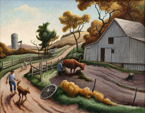 <div><font face=Calibri size=3 color=black>As a painter of the American Scene during the years of the Great Depression, Thomas Hart Benton's paintings and murals make the case that he was this country's greatest artist-storyteller. Deeply invested in capturing the unique qualities of what it meant to be 'American,' Benton's stylized contour inflections, pictorial rhythms, and strong-hued, technicolor-like palette conveyed the needed reassurance that the country remained strong and healthy. The spirit was unabashedly patriotic, and “<em>The Farm”</em>, painted late in life, proves Benton never turned away from social narratives that continue to provide an engaging mediation on American rural life and community. </font></div>
<br>
<br><div><font face=Calibri size=3 color=black><br>
<br>Despite the many changes in the art world that swirled about during the post-war years, "<em>The Farm,"</em> created in 1972, is a testament to this steadfastness. One would be hard-pressed to discern whether Benton painted it in 1942 or 1972; a timeless quality underscores Benton's dedication to his ideals and his resistance to the fleeting trends of the contemporary art scene. A populist at heart, he believed in the importance of art that spoke to and for the people, celebrating the dignity of labor, the strength of community, and the beauty of the American landscape. This populist ethos remains in "<em>The Farm</em>," where the depiction of rural life is at once idealized and deeply rooted in reality.</font></div>
<br>
<br><div><font face=Calibri size=3 color=black><br>
<br>In these challenging times, Benton's paintings serve as a poignant reminder of those values that once united and strengthened the country. His works offer a vision of America that reminds us of the enduring strength found in unity and the common values that can bridge divides. <em>"The Farm"</em> is not only a reflection of his artistic skill but also a testament to his unwavering commitment to that vision. </font></div>
<br>
<br><div><font face=Calibri size=3 color=black><br>
<br>There are three known paintings of "<em>The Farm</em>", the largest of which is an oil on canvas currently on loan to The Nelson-Atkins Museum of Art in Kansas City. The present example, acrylic on panel, is titled, dated, and inscribed on verso by the artist: "For Jessie, Christmas '72 Daddy, The Farm, Polymer Tempera (Acrylic), Benton." A digital copy of a letter from the artist's daughter, Jessie, attests that she received "<em>The Farm</em>" from her father, Thomas Hart Benton, on Christmas 1972.</font></div>