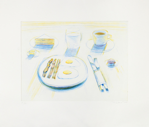 WAYNE THIEBAUD-Breakfast <div><font face=Lato size=3 color=black>Wayne Thiebaud’s <em>Breakfast</em>, from an edition of 50, demonstrates the artist’s signature blend of Pop-inflected realism and painterly intimacy. Executed in colored drypoint, the work captures the simple subject of a morning meal with a remarkable freshness: hatching lines soften and blur the composition, creating a pastel-like effect that distinguishes it from the crispness of commercial print design. Though slightly faded, the impression retains the playful chromatic sensibility and softly modeled shadowing that became hallmarks of Thiebaud’s style.</font></div>
<br>
<br><div><font face=Lato size=3> </font></div>
<br>
<br><div><font face=Lato size=3 color=black>Since the early 1960s, Thiebaud has been celebrated for his depictions of food—cakes, pies, gumball machines, and diner counters—rendered not as literal meals but as cultural icons, at once nostalgic and idealized. In <em>Breakfast</em>, the modest meal is transformed into a subject of contemplation and delight, celebrating the pleasures of everyday American life while evoking memory and desire. The combination of precision and informality speaks to Thiebaud’s ability to merge the immediacy of drawing with the enduring resonance of painting.</font></div>
<br>
<br><div><font face=Lato size=3> </font></div>
<br>
<br><div><font face=Lato size=3 color=black>Institutional recognition of the work’s importance is reflected in its inclusion within the National Gallery of Art, Washington, affirming its role within Thiebaud’s larger project of elevating common objects into images of enduring cultural significance.</font></div>